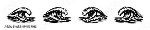 Ocean wave silhouette set black and white vector illustration