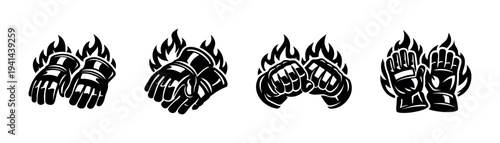 Set of flaming boxing glove silhouettes in vector black and white illustration