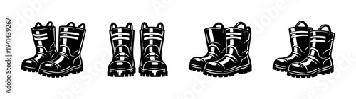 Set of black and white vector illustrations of rugged boots silhouette style