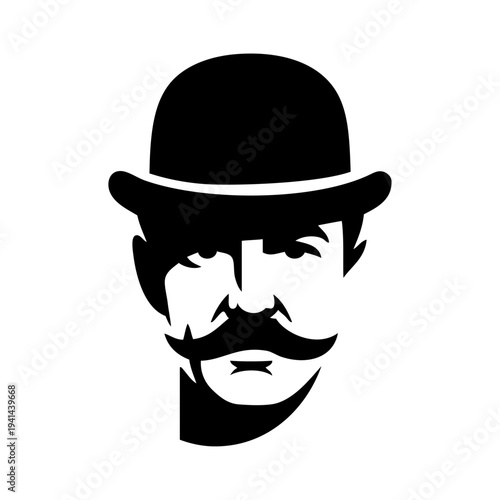 Logo moda de caballero. Icono con dibujo de un hombre con bigote y sombrero bombín