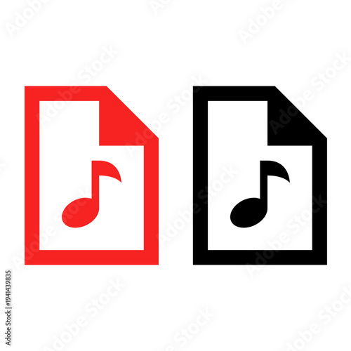 Red and black music file icons with musical note symbol for audio playlist or digital media document