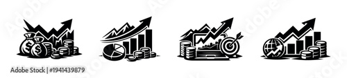 Black and white vector financial growth illustrations with graphs and currency symbols