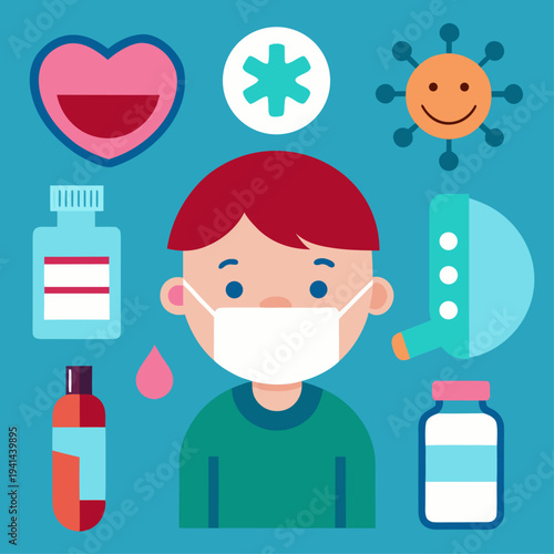 Red haired boy wearing a protective face mask surrounded by a pink heart medical cross sanitizer bottle and smiling virus icon on blue.