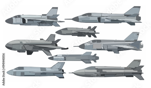 Modern military cruise missile system vector set with realistic aerospace weapon design