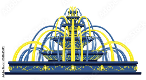 Elegant Ornate Fountain with Blue and Yellow Water Jets