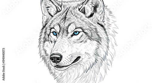 Detailed sketch of a wolf's head with striking blue eyes, isolated on white