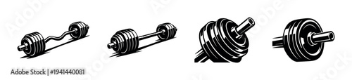 Black and white vector illustration of barbells and dumbbells weightlifting equipment