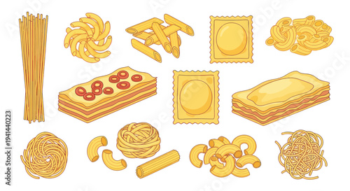 Variety of Italian Pasta Shapes Collection Isolated on White Background