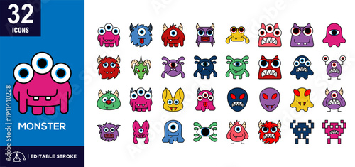  Set of 32 Monsters icons in line color style