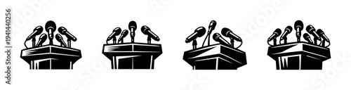 Vector illustrations of podium with microphones black and white silhouette set