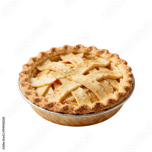 Delicious homemade apple pie with lattice crust and sugar sprinkles on a white background