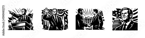 Political leaders vector silhouette set with american icons and patriotic themes