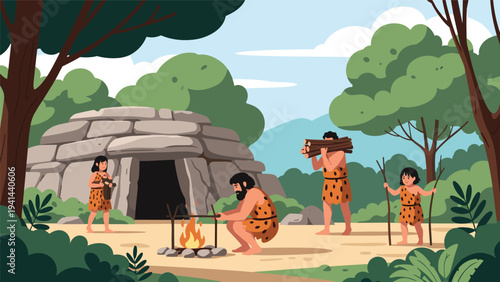Prehistoric family of cavemen engaged in daily activities in a natural environment, cooking over a campfire and gathering wood, with a cave dwelling.