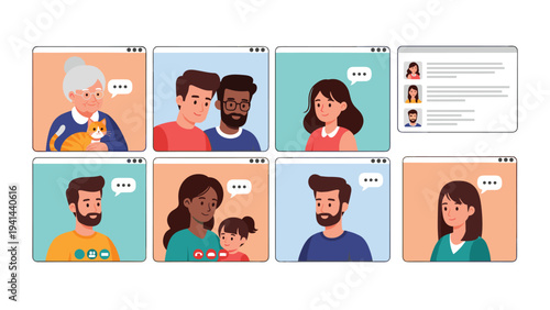 Multiple video call screens displaying diverse people, including families, couples, and elderly individuals, interacting online, symbolizing virtual meetings and remote communication.