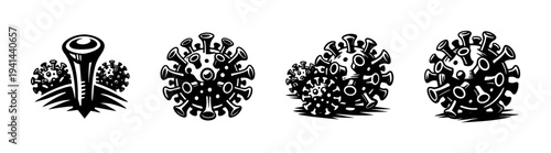 Black and white vector illustration of virus cells and stylized nail shape