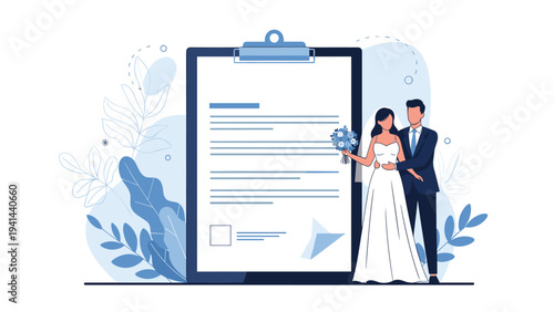 Newlywed couple standing elegantly in front of a large wedding contract or document, symbolizing marriage, legal agreement, and profound relationship commitment.