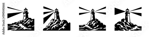 Black and white lighthouse silhouette set vector illustration of coastal scenes