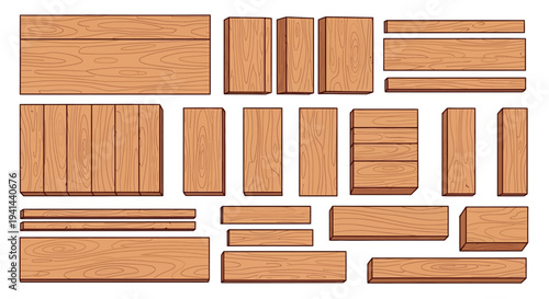 Flat lay of various wooden planks and boards on a white background