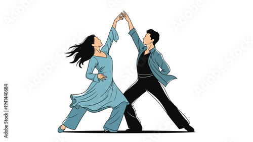 Energetic man and woman performing a dynamic dance move, possibly salsa or tango, showcasing passion, grace, and synchronized movement in a performance.