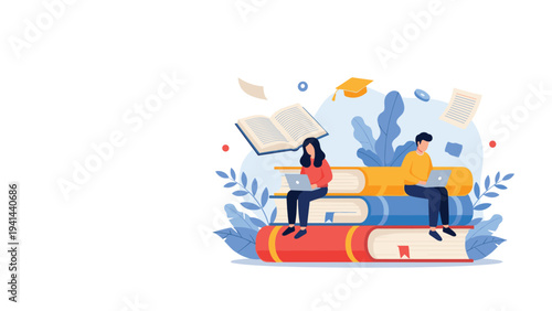 Two diligent students sitting on stacks of books, using laptops, surrounded by academic elements, symbolizing online education, e-learning, and modern study.