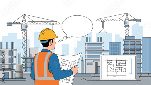 Construction worker wearing a hard hat, examining blueprints, with a bustling city construction site and cranes in the background, and an empty thought bubble.