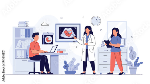 Medical professional explains fetal ultrasound scan to expectant father at a desk, with a female assistant present in the examination room.