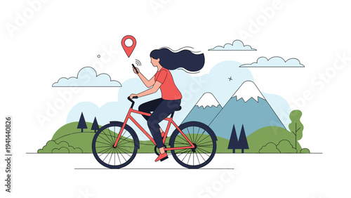 Woman cycling through a picturesque mountainous landscape, navigating with a smartphone and a prominent GPS location pin.