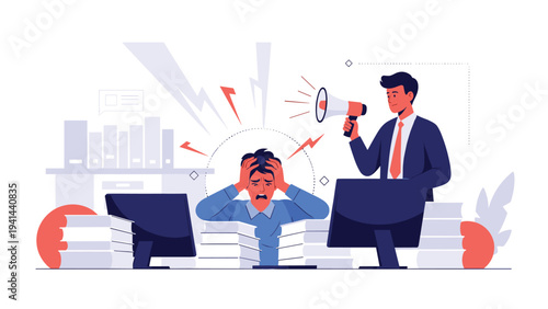 Stressed employee overwhelmed by work and shouted at by a manager with a megaphone, symbolizing workplace pressure and burnout.