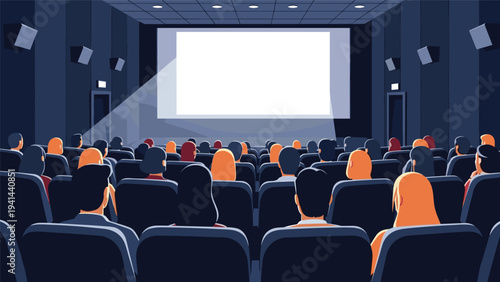 Diverse audience seated in a dark movie theater, attentively watching a brightly lit, empty screen awaiting a film.