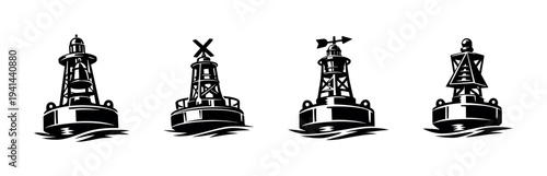 Set of nautical buoys black and white silhouette vector illustration