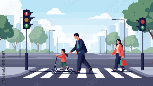 Family safely crossing a city street at a crosswalk, with a child on a scooter and green pedestrian traffic lights.