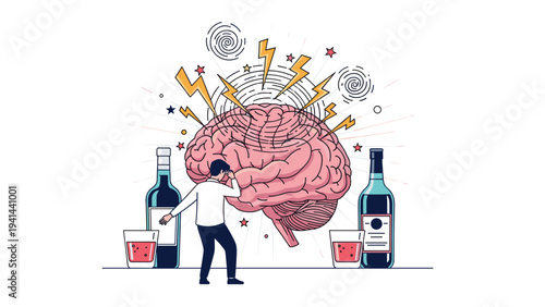 Distressed man clutching his head in front of a giant brain, surrounded by alcohol, symbolizing the damaging effects of addiction.