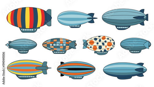 Diverse collection of ten unique airships and blimps, showcasing various colorful patterns and distinct design styles.