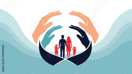 Family silhouette, including parents and children, cradled by protective hands, symbolizing family care, insurance, and security.