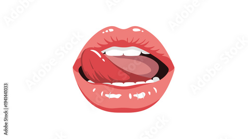 Glossy red lips with a playfully licking tongue, representing sensuality, desire, taste, and attractive beauty.