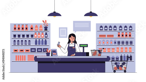 Friendly female cashier standing at a supermarket checkout counter, holding a credit card, with product shelves in the background.