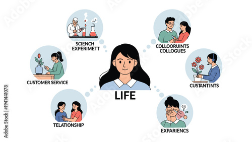 Woman's life aspects displayed in a circular diagram, highlighting science, colleagues, customer service, relationships, and experiences.