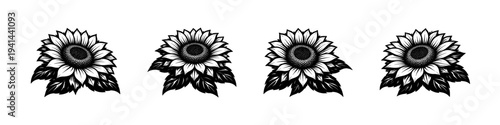 Four sunflower illustrations in black and white silhouette style floral design