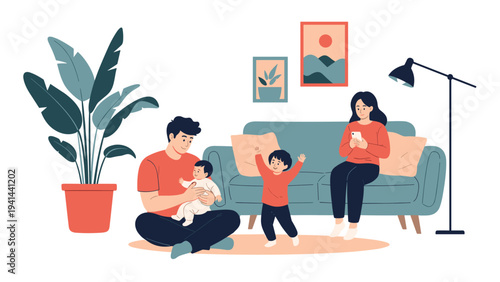 Happy family relaxing in their living room, parents on a sofa while father plays with baby and another child dances joyfully.