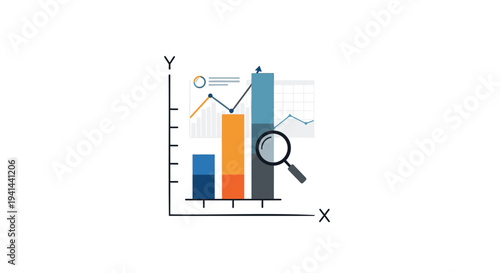 Vector graph and magnifying glass icon for business analysis and research