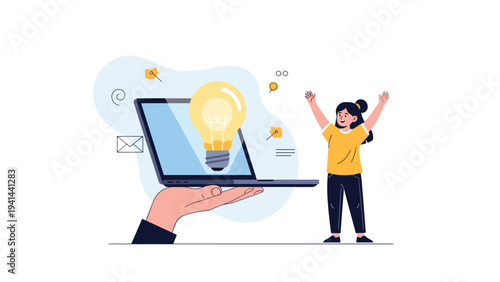 Happy woman celebrating a new idea, represented by a glowing lightbulb on a laptop held by a hand, symbolizing online innovation.