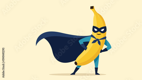 Cheerful cartoon banana character confidently posed as a superhero, complete with a mask and flowing cape.