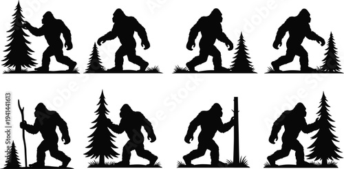 Bigfoot silhouettes walking in forest, sasquatch creature collection with trees, mythical cryptid character vector illustration isolated background set