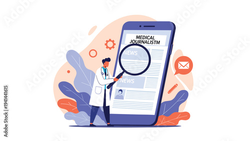 Doctor examining medical journalism articles on a large smartphone screen with a magnifying glass, symbolizing health information research.