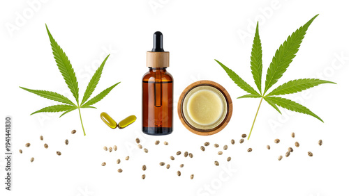 Spa composition with CBD oil bottle, cannabis balm salve jar, hemp leaves and seeds isolated on white background. Balm for joints and muscles and relaxing oil as complex in treatment. Hemp products