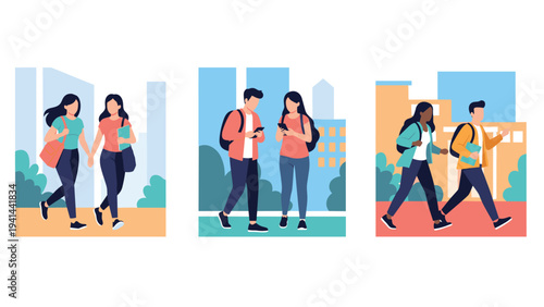 Collection of three illustrations depicting diverse students walking outdoors, engaging in conversation or using smartphones.