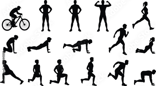 Fitness workout silhouettes collection with athletes performing running, cycling, push ups, lunges and strength exercises, sports training 