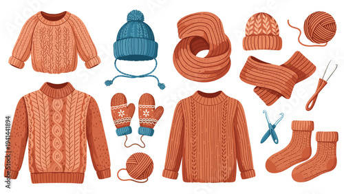 Cozy collection of diverse knitted winter clothing items, featuring sweaters, hats, scarves, mittens, and socks, with yarn and needles.