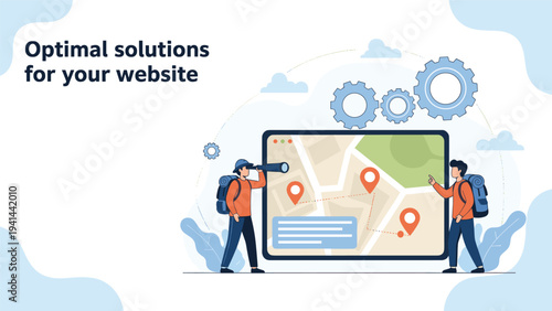 Men with backpacks examining a digital map on a large tablet, seeking optimal website solutions and showcasing geographical data.