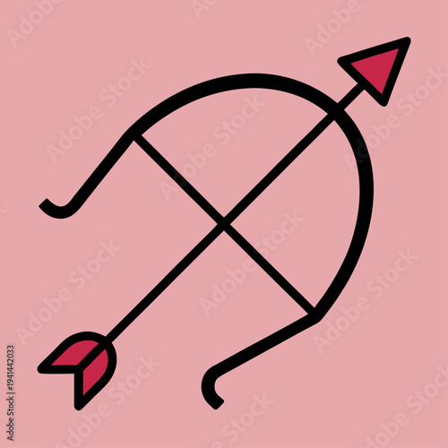 A stylized bow and arrow graphic with a red tip and fletching centered on a solid pink square background for Valentine's Day.